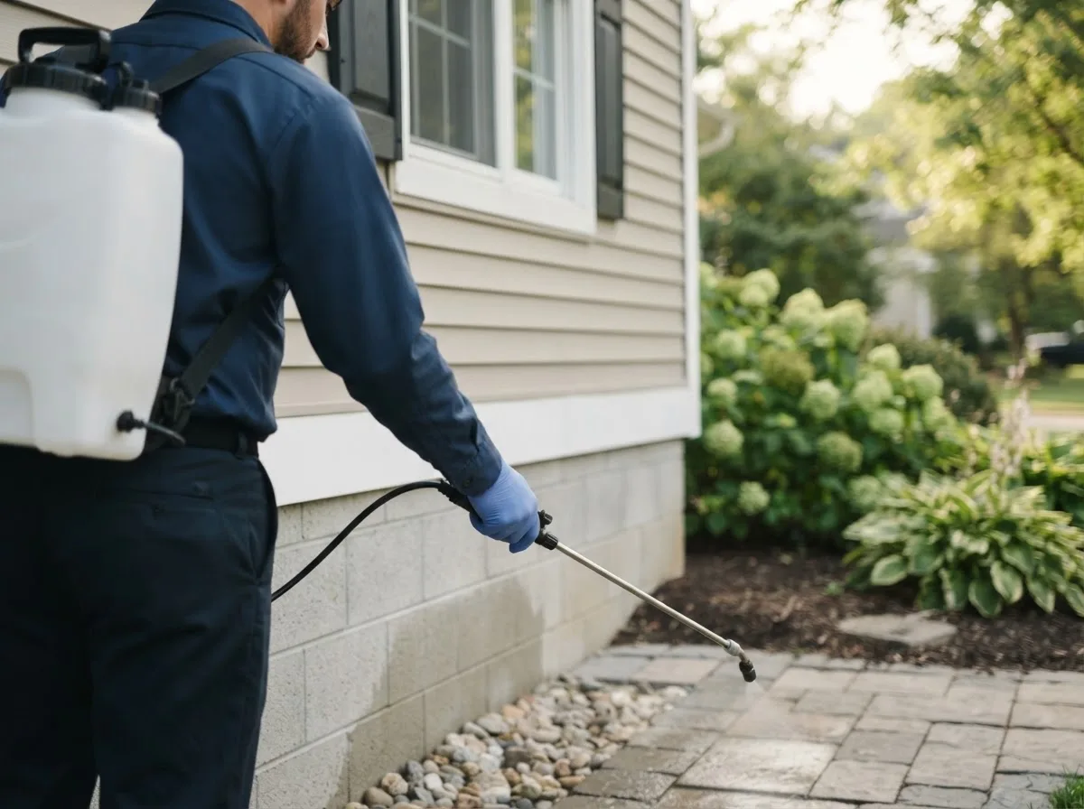Pest control technician inspecting a home in Hanoverton, OH